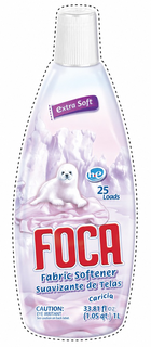 EXTRA SOFT HE 25 LOADS FOCA FABRIC SOFTENER SUAVIZANTE DE TELAS CARICIA CAUTION: EYE IRRITANT SEE CAUTION ON BACK LABEL. 33.81 FL OZ (1.05 QT) 1L trademark