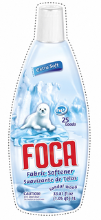 EXTRA SOFT HE 25 LOADS FOCA FABRIC SOFTENER SUAVIZANTE DE TELAS SANDALWOOD CAUTION: EYE IRRITANT SEE CAUTION ON BACK LABEL. 33.81 FL OZ (1.05 QT) 1L trademark