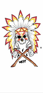 THE MARK CONSISTS OF INDIAN SKULL WITH FEATHERHEAD AND HEADBAND WITH A FEATHER CHAIN HANGING ON EACH SIDE OF THE INDIAN SKULL -17 FEATHERS COLORS RED, YELLOW, WHITE. THE INDIAN SKULL HAS RED AND YELLOW STRIPES ON FACE. BLACK EYES, EYE LASHES, BLACK NOSE, TWO (2) TOMAHAWKS WITH RED ROPES TIED AROUND THE BLADE IN FRONT OF THE INDIAN SKULL WITH THE LETTERS "AFC" AND THE WORD "WEST" AROUND THE TOMAHAWKS. trademark