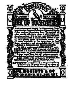 BOSISTO'S PARROT BRAND. OIL OF EUCALYPTUS J. BOSISTO & CO. RICHMOND, MELBOURNE. trademark