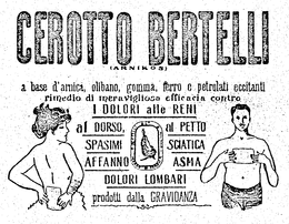 CEROTTO BERTELLI (ARNIKOS) A BASE D'ARNICA, OLIBANO, GOMMA, FERRO E PETROLATI ECCITANTI RIMEDIO DI MERAVIGLIOSA EFFICACIA CONTRO I DOLORI ALLE RENI AL DORSO, AL PETTO SPASIMI SCIATICA AFFANNO ASMA DOLORI LOMBARI PRODOTTI DALLA GRAVIDANZA A. BERTELLI & C. MILAND trademark