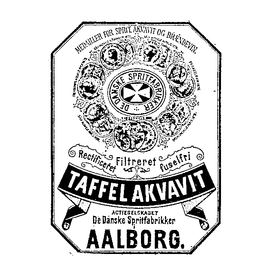 TAFFEL AKVAVIT AALBORG. MEDAILLER FOR SPRITAKVAVIT OG BRAENDEVIN. RECTIFICERET FUSELFRI FILTRERET DE DANSKE SPRITFABRIKKER trademark