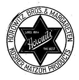 HOROWITZ THE BEST SINCE 1884 HOROWITZ BROS. & MARGARETEN KOSHER MATZOH PRODUCTS trademark