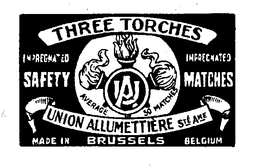THREE TORCHES UA UNION ALLUMETTIERE STEAME IMPREGNATED SAFETY MATCHES MADE IN BRUSSELLS BELGIUM trademark