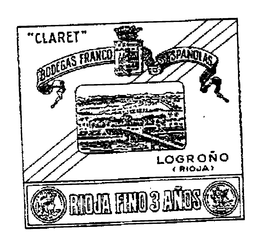 "CLARET" BODE GAS FRANCO ESPANOLAS LO GROND (RIOFA) RIOGA FINO 3 ANOS trademark