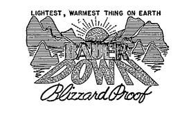 BAUR DOWN BLIZZARD PROOF LIGHTEST, WARMEST THING ON EARTH trademark