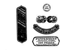 PIPPERMINT ARTIFICIALLY COLORED ALCOHOL BY VOLUME 27 PERCENT GET FRERES PRODUCT OF REVEL FRANCE GENUINE PIPPERMINT THE QUEEN CREME DE MENTHE LA REINE DES CREMES DE MENTHE MEDAILLES OR EXP. UN PARIS 1889-1900 trademark
