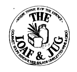 THE LOAF & JUG WHERE THYME IS OF THE ESSENCE GOURMET SOUPS, SANDWICHES, SALADS, OMELETTES, WINE & GROG trademark