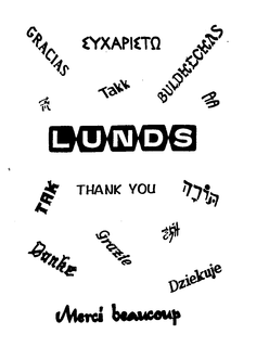 LUNDS THANK YOU GRAZIE DZIEKUJE MERCI BEAUCOUP DANKE TAK GRACIAS TAKK BULDHECHAS AA trademark