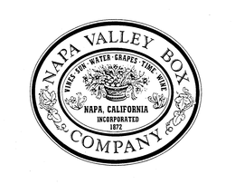 NAPA VALLEY BOX COMPANY WINES.SUN.WATER.GRAPES.TIME.WINE NAPA, CALIFORNIA INCORPORATED 1872 trademark