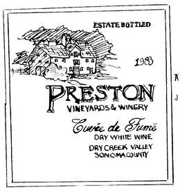 ESTATE BOTTLED 1983 PRESTON VINEYARDS & WINERY CUVEE DE FUME DRY WHITE WINE DRY CREEK VALLEY SONOMA COUNTY GROWN, PRODUCED AND BOTTLED BY PRESTON WINERY HEALDSBURG, CALIFORNIA ALCOHOL 12.6% BY VOLUME trademark