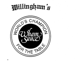 WILLINGHAM'S WHAM SAUCE WORLD'S CHAMPION FOR THE TABLE trademark
