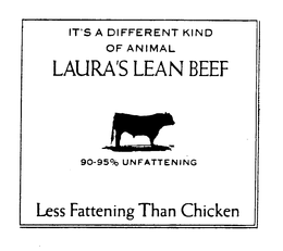 IT'S A DIFFERENT KIND OF ANIMAL LAURA'S LEAN BEEF 90-95% UNFATTENING LESS FATTENING THAN CHICKEN trademark