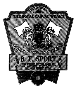 B.T. SPORT ORIGINAL THE ROYAL CASUAL WEARS QUALITY CLOTHING 90 THE BUTTON ON THIS LABEL IS YOUR GUARANTEE OF FINE QUALITY AND HIGH FASHION STYLE. HIGH FASHION B.T. TOP QUALITY trademark