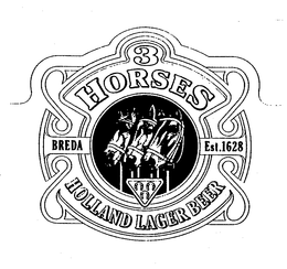 3 HORSES HOLLAND LAGER BEER BREDA EST.1628 trademark