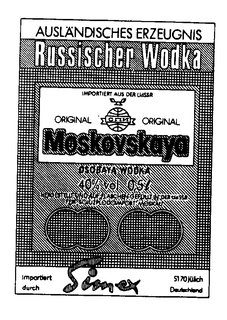 AUSLANDISCHES ERZEUGNIS RUSSISCHER WODKA IMPORTIERT AUS DER UDSSR ORIGINAL ORIGINAL MOSKOVSKAYA OSOBAYA WODKA 40% VOL 0,5L HERGESTELLT UND AUF FLASCHEN GEFULLT IN DER UDSSR FUR SOJUZPLODOIMPORT MOSKAU IMPORTIERT DURCH SIMEX 5170 JULICH DEUTSCHLAND trademark