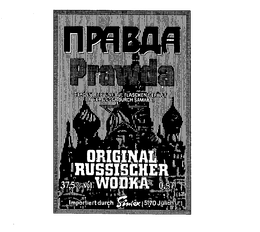PRAWDA HERGESTELLT UND AUF FLASCHENGEFULLT IN DER UDSSR DURCH SAMARA. ORIGINAL RUSSISCHER WODKA 37,5% VOL 0,5L IMPORTIERT DURCH SIMEX 5170 JULICH trademark