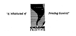 "A WHIRLWIND OF PRINTING SERVICES" CYCLONE PRINTING trademark