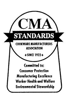 CMA STANDARDS COOKWARE MANUFACTURERS ASSOCIATION SINCE 1922 COMMITTED TO: CONSUMER PROTECTION MANUFACTURING EXCELLENCE WORKER HEALTH AND WELFARE ENVIRONMENTAL STEWARDSHIP trademark
