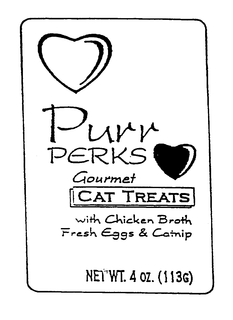 PURR PERKS GOURMET CAT TREATS WITH CHICKEN BROTH FRESH EGGS & CATNIP trademark