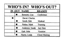 WHO'S IN? WHO'S OUT? IN OUT NAME REASON BONNETTI, LISA CONFERENCE DUVAL, CHARLES SMITH, BOB MEDICAL PARKES, MARK TRAINING ANDERSON, SANDY JURY DUTY GALT, JOHN VACATION HARRIS, LINDA CLIENT MEETING trademark