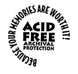 BECAUSE YOUR MEMORIES ARE WORTH IT! ACID FREE ARCHIVAL PROTECTION trademark
