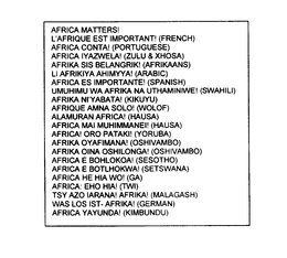 AFRICA MATTERS! L'AFRIQUE EST IMPORTANT! (FRENCH) AFRICA CONTA! (PORTUGUESE) AFRICA IYAZWELA! (ZULU & XHOSA) AFRIKA SIS BELANGRIK! (AFRIKAANS) LI AFRIKIYA AHIMYYA! (ARABIC) AFRICA ES IMPORTANTE! (SPANISH) UMUHIMU WA AFRIKA NA UTHAMINIWE! (SWAHILI) AFRIKA NI'YABATA! (KIKUYU) AFRIQUE AMNA SOLO! (WOLOF) ALAMURAN AFRICA! (HAUSA) AFRICA MAI MUHIMMANEI! (HAUSA) AFRICA ORO PATAKI! (YORUBA) AFRIKA OYAFIMANA! (OSHIVAMBO) AFRIKA OINA OSHILONGA! (OSHIVAMBO) AFRICA E BOHLOKOA! (SESOTHO) AFRICA E BOTLHOKWA! (SETSWANA) AFRICA HE HIA WO! (GA) AFRICA: EHO HIA! (TWI) TSY AZO IARANA! AFRIKA! (MALAGASH) WAS LOS IST - AFRIKA! (GERMAN) AFRICA YAYUNDA! (KIMBUNDU) trademark