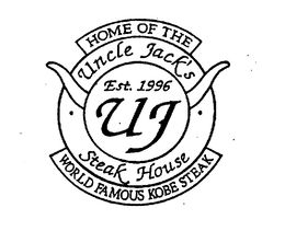 HOME OF THE UNCLE JACK'S STEAKHOUSE EST. 1996 UJ WORLD FAMOUS KOBE STEAK trademark
