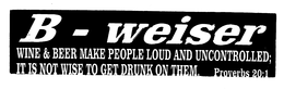 B - WEISER WINE & BEER MAKE PEOPLE LOUD AND UNCONTROLLED; IT IS NOT TO GET DRUNK ON THEM.  PROVERB 20:1 trademark