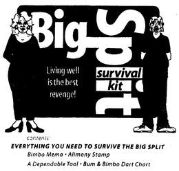 BIG SPLIT SURVIVAL KIT LIVING WELL IS THE BEST REVENGE! CONTENTS: EVERYTHING YOU NEED TO SURVIVE THE BIG SPLIT BIMBO MEMO ALIMONY STAMP A DEPENDABLE TOOL BUM & BIMBO DART CHART trademark