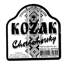 PRODUCT UKRAINE KOZAK CHERNOINORSKY VODKA WITH NATURAL FLAVORS ADDED 750ML (25.4 FL, OZ.) 40% ALC. VOL. (80 PROOF) 4 820002 670621 trademark