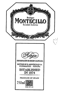 BODEGAS MONTÉCILLO SOCIEDAD ANÓNIMA RIOJA DENOMINACIÓN DE ORIGEN CALIFICADA BOTTLED BY B. MONTECILLO S.A. FUENMAYOR - ESPAÑA ESTABLISHED IN 1874 PRODUCE OF SPAIN 750ML N.R.E. 127-LO trademark