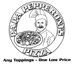 PAPA PEPPERONI'S PIZZA ANY TOPPINGS - ONE LOW PRICE trademark