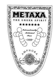 METAXA THE GREEK SPIRIT INTERNATIONALLY ACCLAIMED SINCE 1888 AMPHORA PRODUCED AND BOTTLED BY SPYROS METAXA GREECE trademark