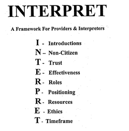 INTERPRET A FRAMEWORK FOR PROVIDERS & INTERPRETERS I - INTRODUCTION N - NON-CITIZEN T- TRUST E - EFFECTIVENESS R - ROLES P- POSITIONING R - RESOURCES E - ETHICS T- TIMEFRAME trademark