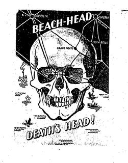 SKULL ON MAP OF ITALIAN ANZIO COAST, WORDS "BEACH HEAD AND "DEATH'S HEAD." trademark