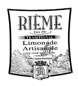 RB RIEME SINCE 1921 TRADITIONAL LIMONADE ARTISANALE WITH NATURAL LEMON ESSENCE MADE IN FRANCE BY RIEME BOISSONS trademark
