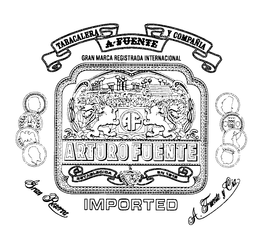 AF ARTURO FUENTE IMPORTED TABACALERA A-FUENTE Y COMPANIA GRAN MARCA REGISTRADA INTERNACIONAL GRAN RESERVA A. FUENTE Y CIA. ESTABLECIDA EN 1912 trademark
