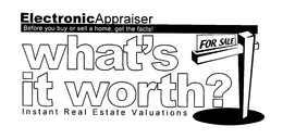 ELECTRONIC APPRAISER BEFORE YOU BUY OR SELL A HOME, GET THE FACTS! WHAT'S IT WORTH? FOR SALE INSTANT REAL ESTATE VALUATIONS trademark