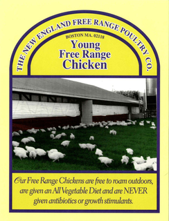 THE NEW ENGLAND FREE RANGE POULTRY CO. BOSTON MA. 02118 YOUNG FREE RANGE CHICKEN OUR FREE RANGE CHICKENS ARE FREE TO ROAM OUTDOORS, ARE GIVEN AN ALL VEGETABLE DIET AND ARE NEVER GIVEN ANTIBIOTICS OR GROWTH STIMULANTS. trademark