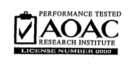 PERFORMANCE TESTED AOAC RESEARCH INSTITUTE LICENSE NUMBER OOOO trademark