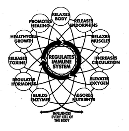 REGULATES IMMUNE SYSTEM RELAXES BODY RELEASES ENDORPHINS RELAXES MUSCLES INCREASES CIRCULATION ELEVATES OXYGEN ABSORBS NUTRIENTS BUILDS ENZYMES REGULATES HORMONES RELEASES TOXINS HEALTHYCELL GROWTH PROMOTES HEALING INFLUENCES EVERY CELL OF THE BODY trademark