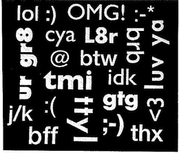 LOL :) OMG! :-* <3 LUV YA BFF THX J/K UR GR8 CYA L8R BRB @ BTW TMI IDK :( TTYL GTG ;-) trademark