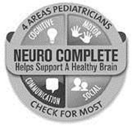 NEURO COMPLETE HELPS SUPPORT A HEALTHY BRAIN 4 AREAS PEDIATRICIANS CHECK FOR MOST COGNITIVE MOTOR COMMUNICATION SOCIAL trademark