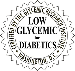 CERTIFIED BY THE GLYCEMIC RESEARCH INSTITUTE LOW GLYCEMIC FOR DIABETICS WASHINGTON, D.C. trademark