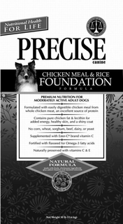 NUTRITIONAL HEALTH FOR LIFE PRECISE CANINE CHICKEN MEAL & RICE FOUNDATION FORMULA · WHOLESOME NUTRITION · BALANCED BY PROFESIONALS trademark