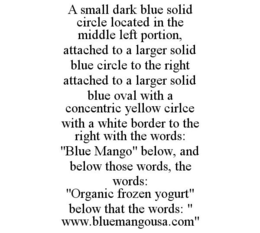 A SMALL DARK BLUE SOLID CIRCLE LOCATED IN THE MIDDLE LEFT PORTION, ATTACHED TO A LARGER SOLID BLUE CIRCLE TO THE RIGHT ATTACHED TO A LARGER SOLID BLUE OVAL WITH A CONCENTRIC YELLOW CIRLCE WITH A WHITE BORDER TO THE RIGHT WITH THE WORDS: "BLUE MANGO" BELOW, AND BELOW THOSE WORDS, THE WORDS: "ORGANIC FROZEN YOGURT" BELOW THAT THE WORDS: " WWW.BLUEMANGOUSA.COM" trademark
