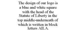 THE DESIGN OF OUR LOGO IS A BLUE AND WHITE SQUARE WITH THE HEAD OF THE STATUTE OF LIBERTY IN THE TOP MIDDLE-UNDERNEATH OF WHICH IS WRITTEN IN BLOCK LETTERS AILA. trademark