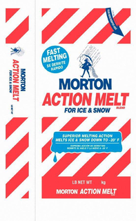 MORTON ACTION MELT BLEND FOR ICE & SNOW TEAR HERE ROMPER AQUI U.S. PAT NO. 5,482,376 FAST MELTING SE DERRITE RAPIDO SUPERIOR MELTING ACTION MELTS ICE & SNOW DOWN TO -20° F SUPREMA ACCION DE DERRITIDO DERRITE EL HIELO Y LA NIEVE A -20° F LB NET WT KG MORTON ACTION MELT BLEND LB NET WT trademark