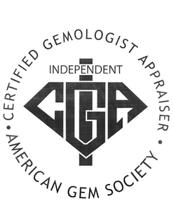 CERTIFIED GEMOLOGIST APPRAISER · AMERICAN GEM SOCIETY · INDEPENDENT ICGA trademark
